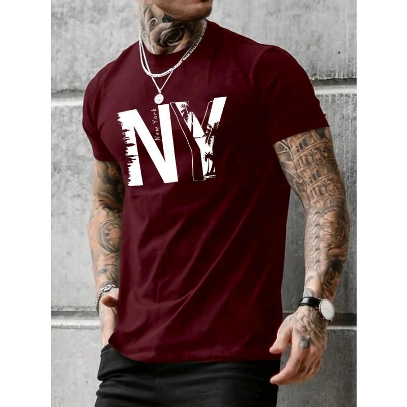 Camiseta deportiva casual de verano para hombre, holgada, talla grande, con estampado de letras NY, cómoda, de cuello redondo, manga corta