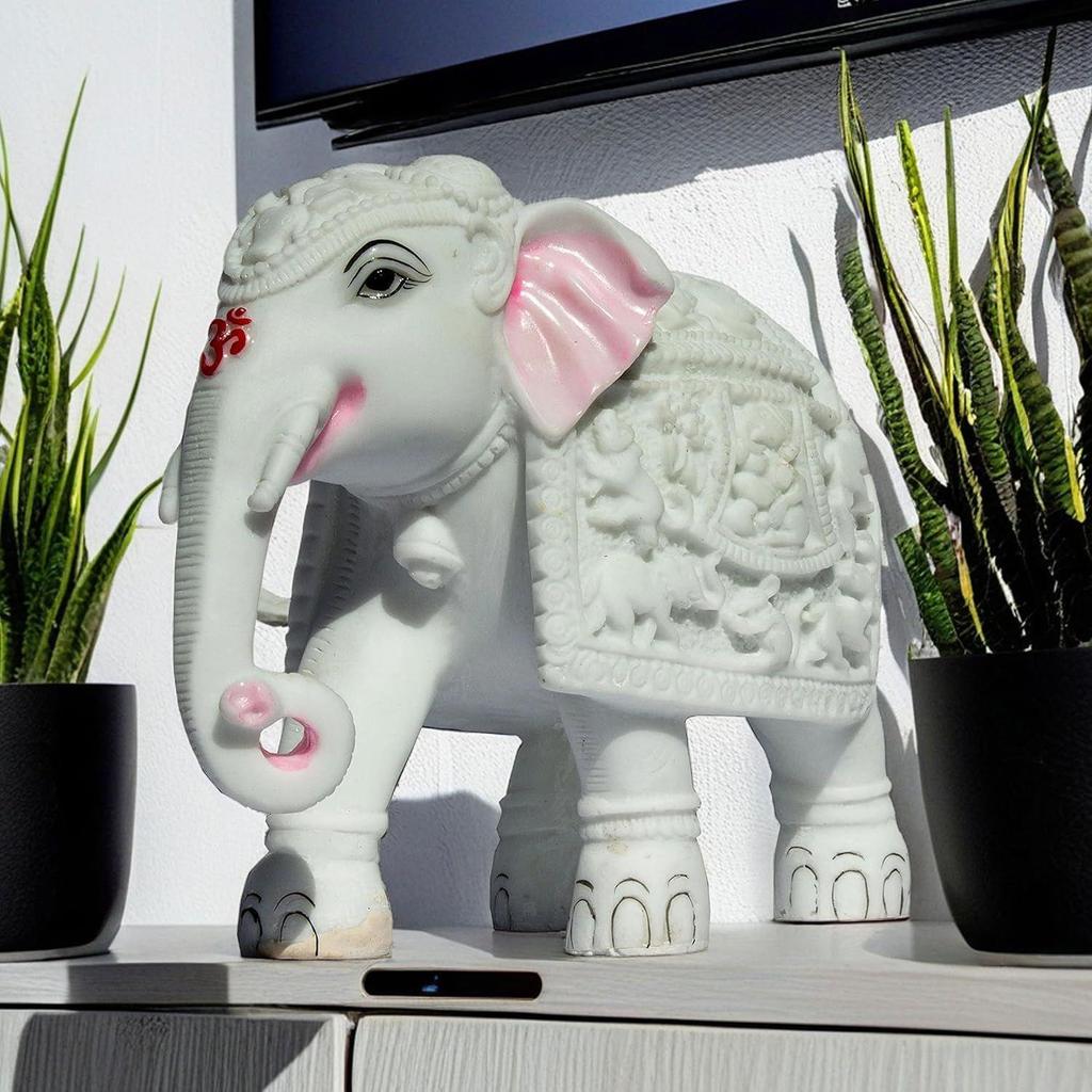 White Elephant Statue Trunk Down Hathi Figurine Big Size 7 inch Elephant Marble Resin Decorative Showpiece
