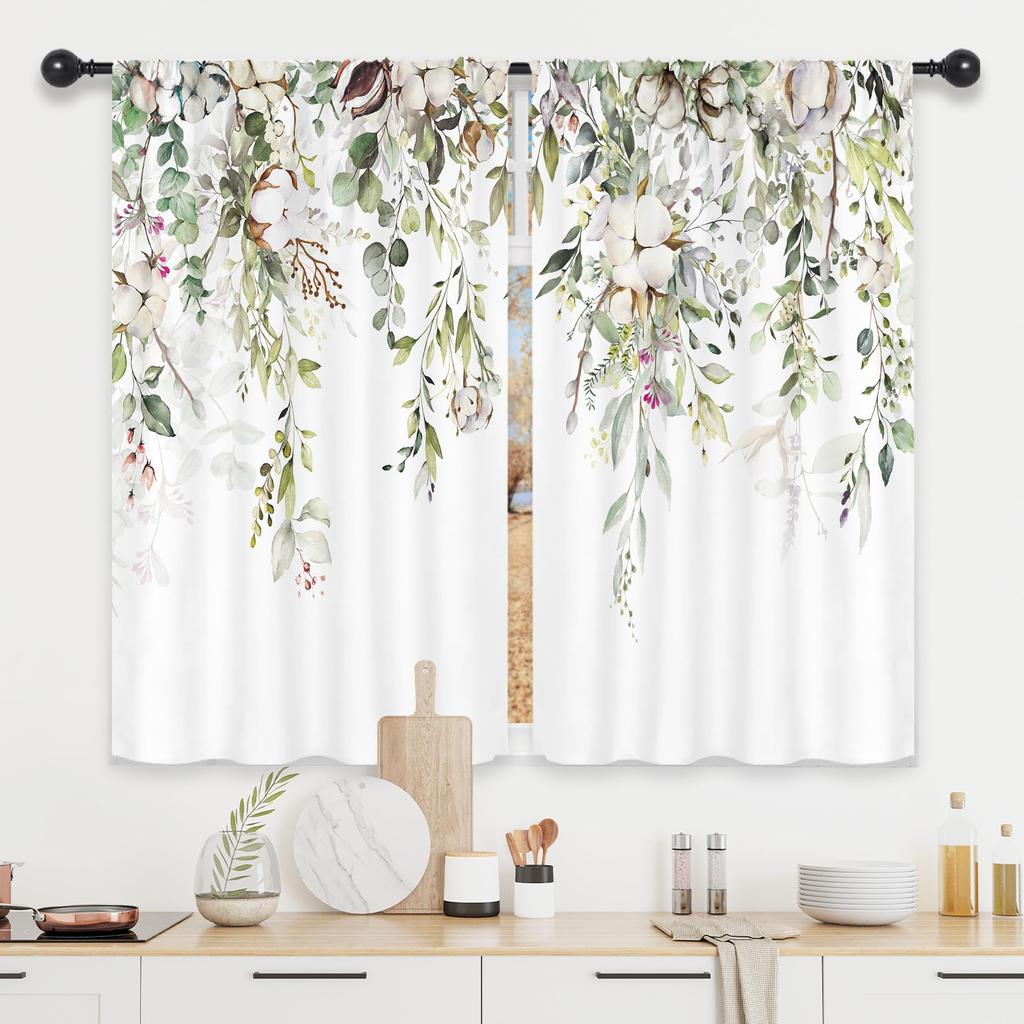 2 Paneele Küchenvorhänge Pflanzen Blume Frühling Floral Botanisches Muster Vorhänge Für Badezimmer Schlafzimmer Wohnzimmer Stangentasche