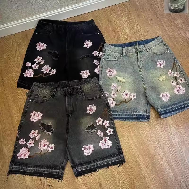 ZYLLO Gothic Mens Womens Cherry Blossom Embroidery Denim Shorts Y2K Jeans Harajuku Hip Hop Retro Baggy Shorts Fashion Casual Pants