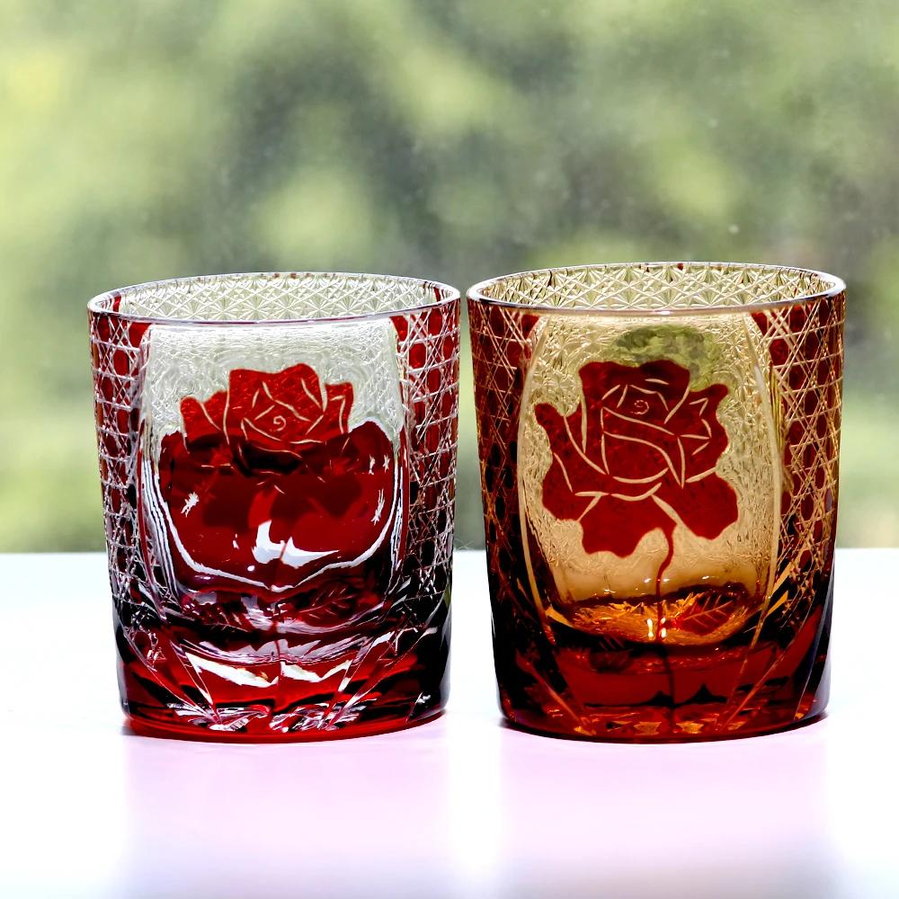 240ml Classic Handmade Edo Kiriko Whiskey Glass Tumbler with Rose Design Japanese Style Red Blue Cocktail Cup with Gift Box