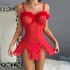 Rhinestone Crystal Feather Splicing Sheer Mesh Slit Dress Two Piece Set For Women Erotic Dresses