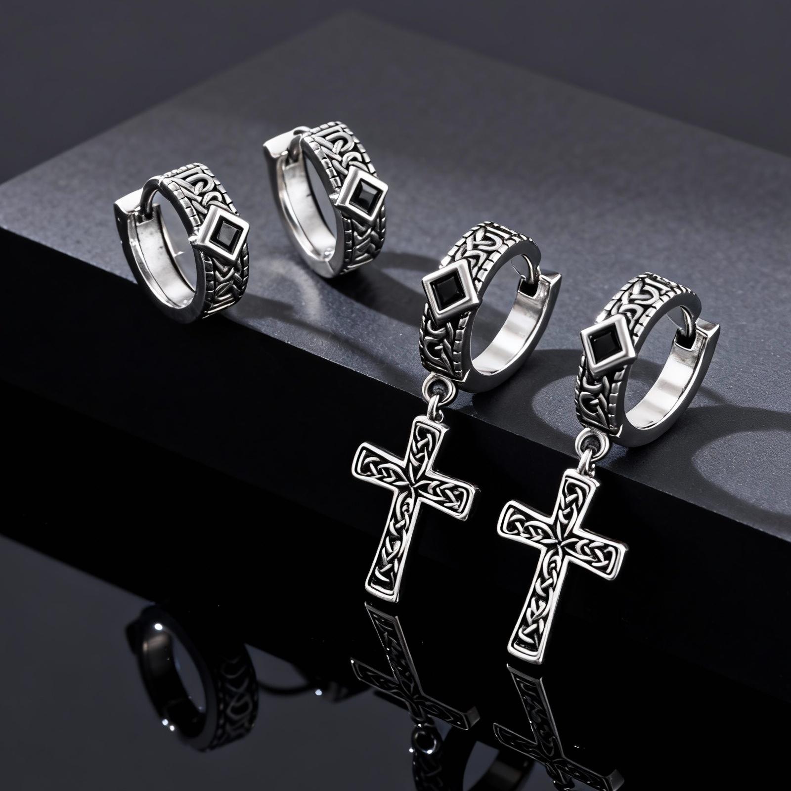 Lucky Star Jewelry Women's Black Vintage Celtic Knot Cross Pendant Earrings For Men, Zircon Stainless Steel Rhombus Hoop Earrings, Punk Gothic Jewelry