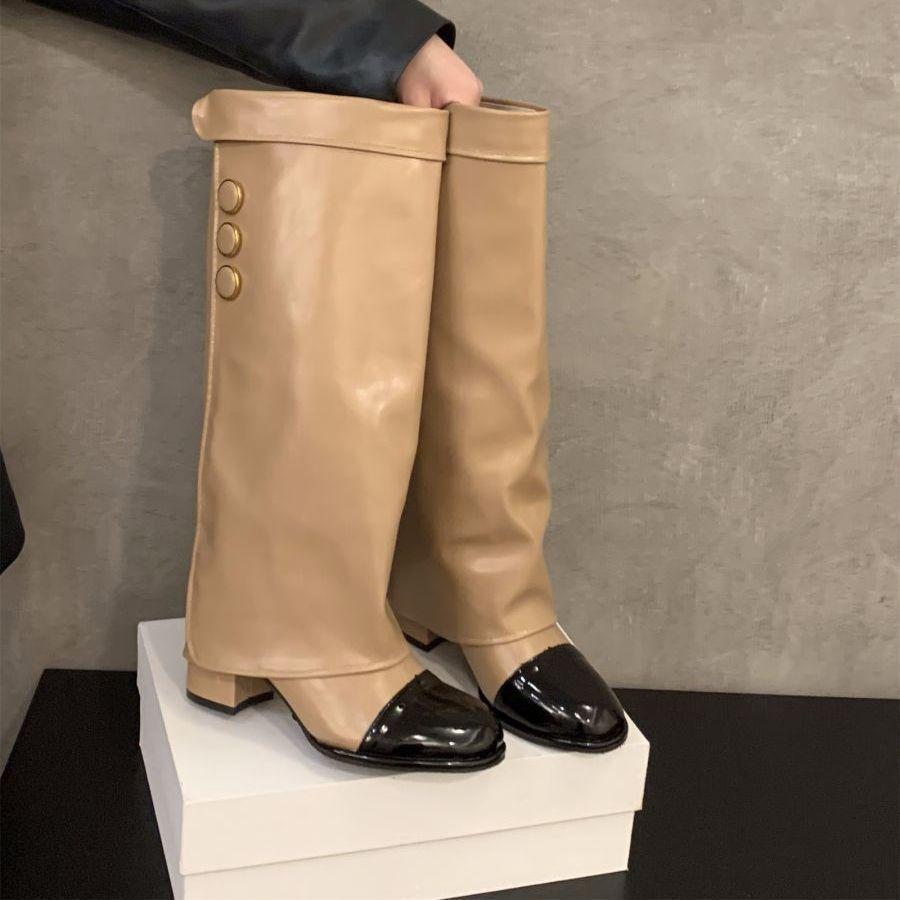 High-heeled small fragrant wind color matching high knight boots women's shoes 2025 new spring, autumn and winter khaki long tube boots