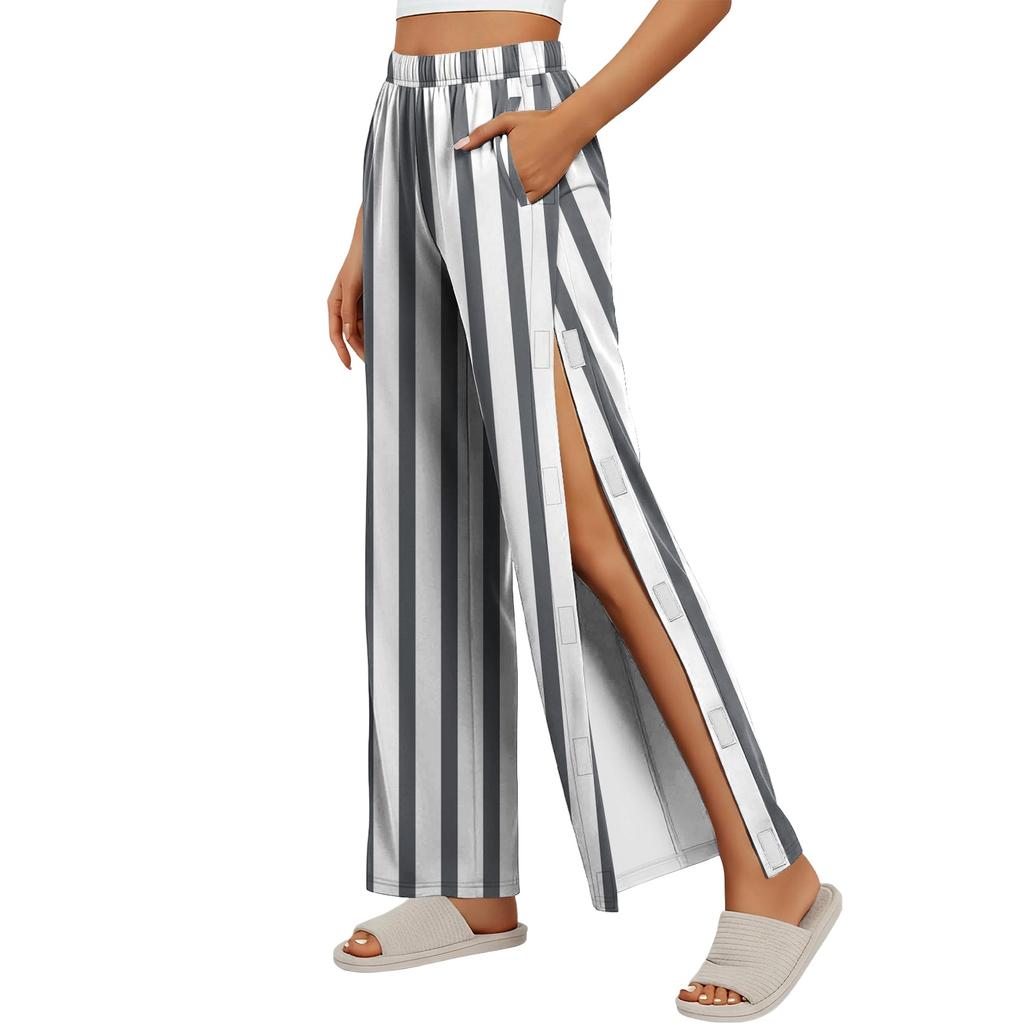 Women Striped Side Hook and Loop Closure Easy Open Post Surgery Recovery Pants Elastic Waistband Long Length Medical Care Trousers