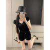 Spring and Summer Pure Erotic Lace-Plaid V-Neck Short-Sleeved Knit Top for Women - Elegant, Versatile, Form-Fitting Base Layer Top