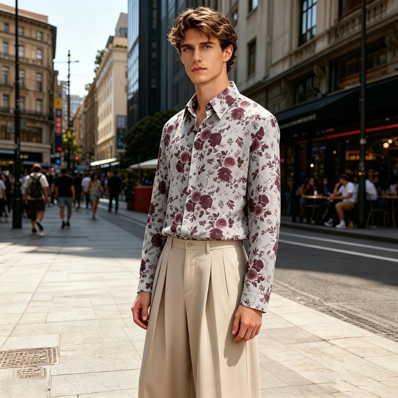 Men's collared loose-fitting long-sleeved shirt, floral print, flowy blouse, urban casual cardigan top.