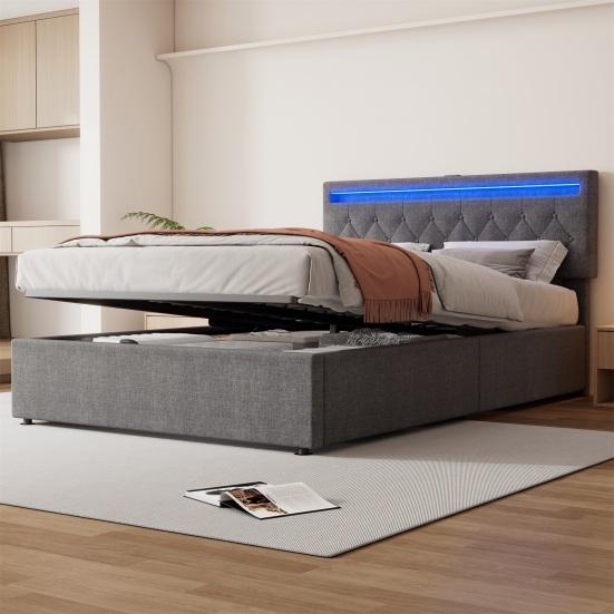 Sleeping Bed 140x200CM Platform with LED Ambient Light 24-Button Remote Control USB Type-C Charging Port Bedroom Double Modern White/Grey Large