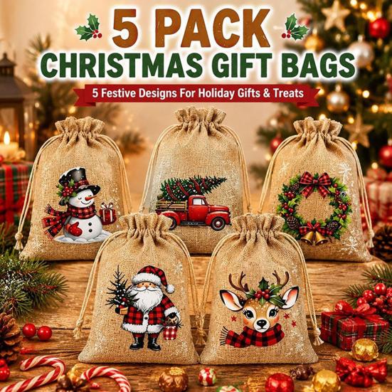 Small Fabric Gift Packaging Christmas Jute Burlap Bags, Drawstring Treat Candy Reusable Pouches Bag, Linen Pouch for Holiday Party Favors Storage
