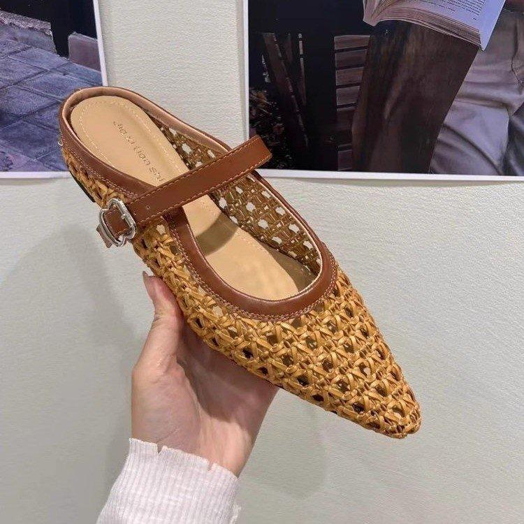Inner heightening woven bag head half slippers women's summer retro fashion outer wear simple hollow pointed slope with cool slippers