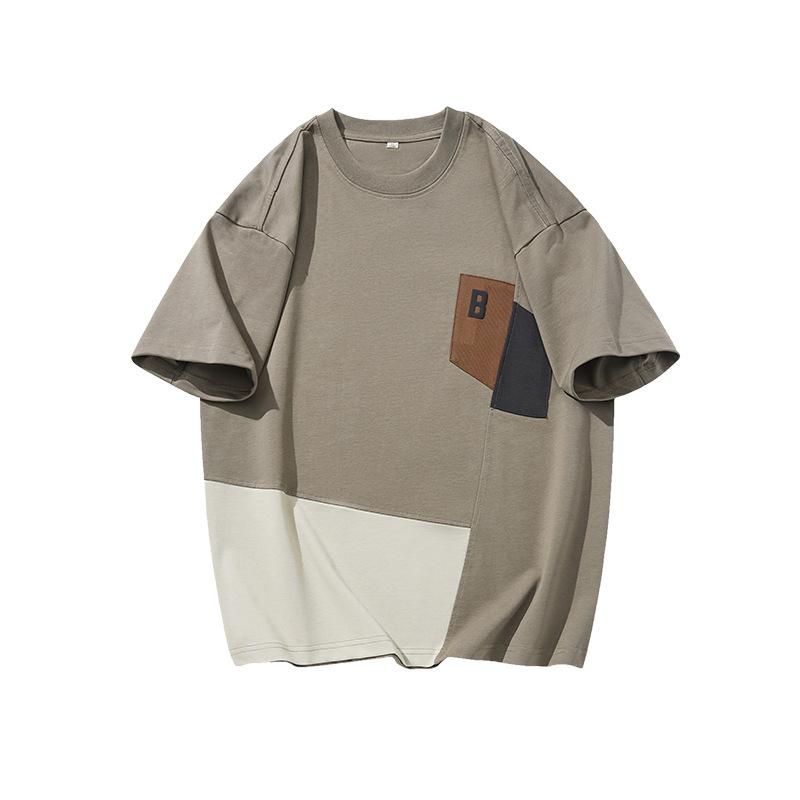 Summer Color-blocking Pure Cotton Short-sleeved T-shirt Men's Loose and Versatile Hong Kong Style Half-sleeved Casual Top