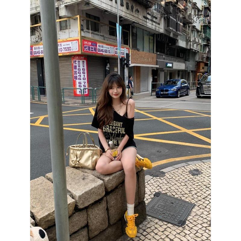 American High Street Slanted Shoulder Short-sleeved T-shirt Women In Summer Lazy Style Slim Versatile Top
