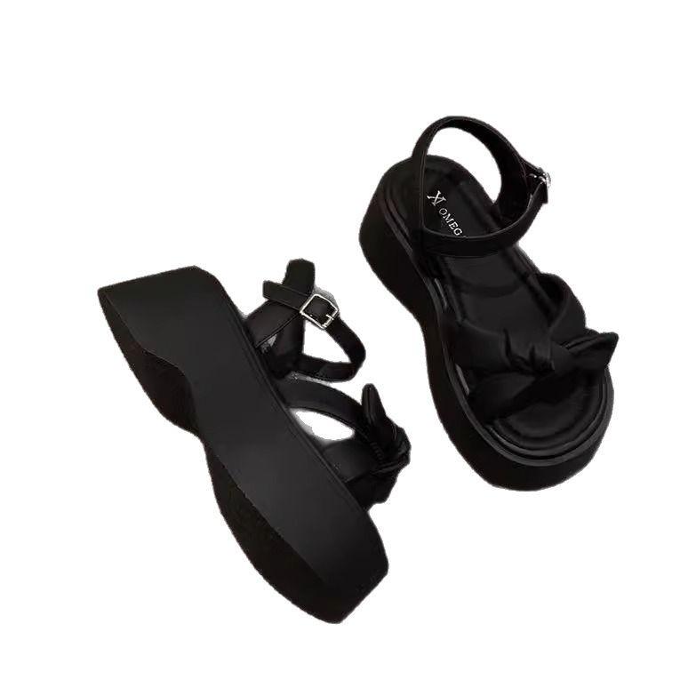 Small Fragrant Style Bow Platform Sandals Female Summer Wear Retro Fairy Style with Skirt Small Height Increase Roman Shoes