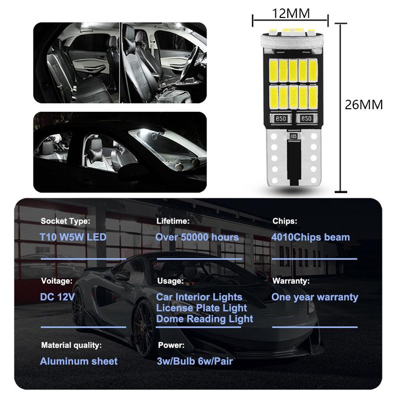 10PCS Auto Bulb T10 W5W 194 501 Led Canbus No Error Car Interior Light T10 26 SMD 4014 Chip Wedge Side Lights Instrument Lamp