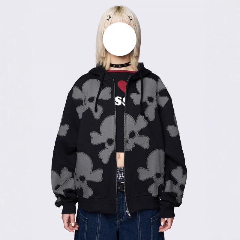 Übergroßer Kapuzen-Reißverschluss-Sweatshirt Mit Totenkopf-Print Streetwear Lockerer Schnitt Damen Herbst Winter