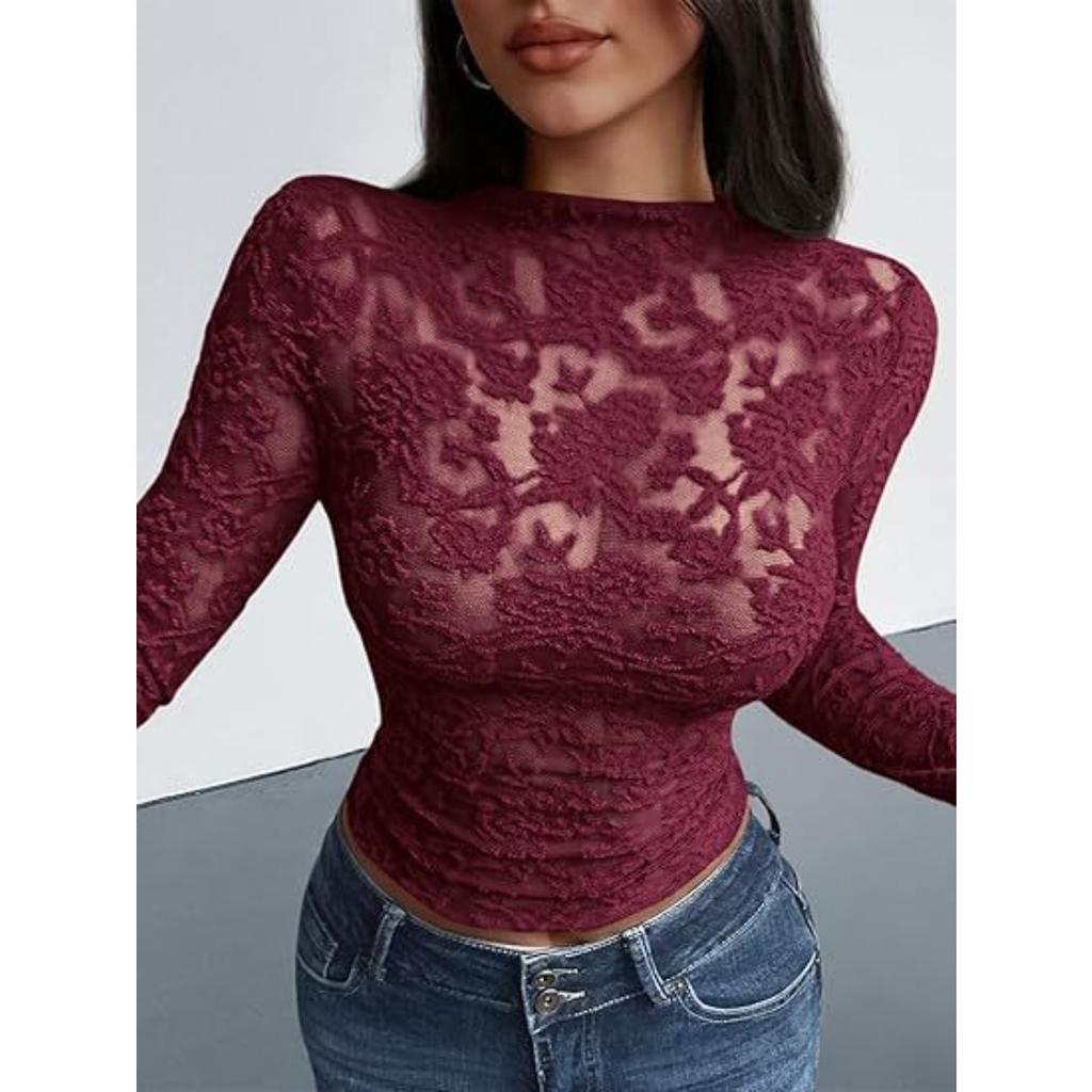 Autumn Sheer Mesh Floral Lace Blouse for Women, V-Neck Sexy Party Clubwear