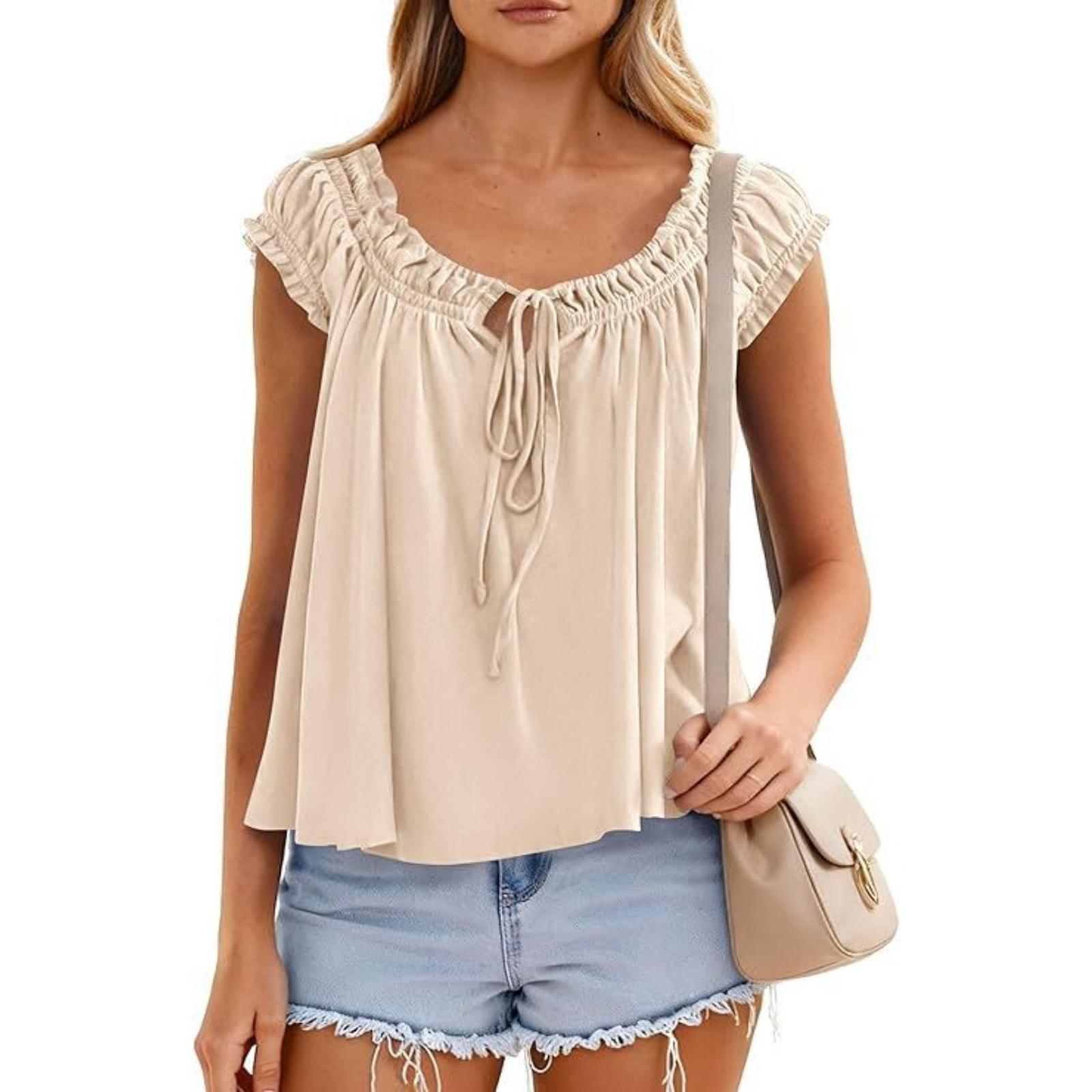 

Fashionable Women s Temperament Ruffle Edge Shirt Pleated Top L