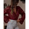 Women's V Neck Long Sleeve Blouse A-Line Fit Casual Floral Lace Shirt Semi Sheer Flare Cuff Button Front Top For Spring Daily Commuter Outfit