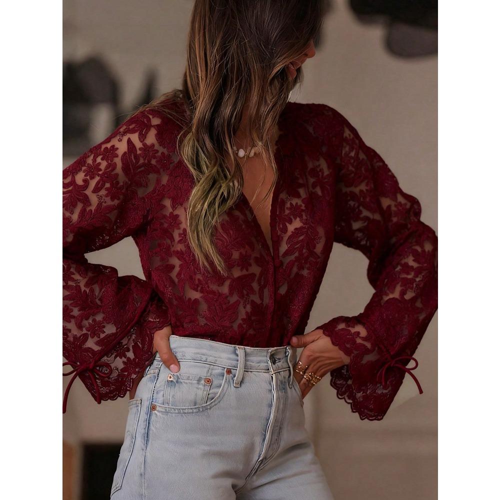 Women's V Neck Long Sleeve Blouse A-Line Fit Casual Floral Lace Shirt Semi Sheer Flare Cuff Button Front Top For Spring Daily Commuter Outfit