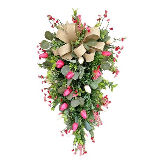 

24-дюймовый гирлянда-капля Тюльпан для входной двери, весенний искусственный венок-капля с мешковиной бантом для декора стены, камина в деревенском стиле