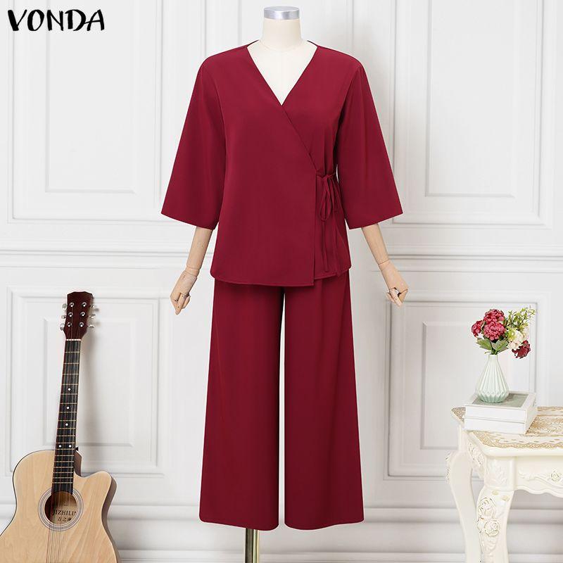 VONDA Women Sets Long Sleeve Side Cross Blouse and Pants Casual Two Piece Suit Sets