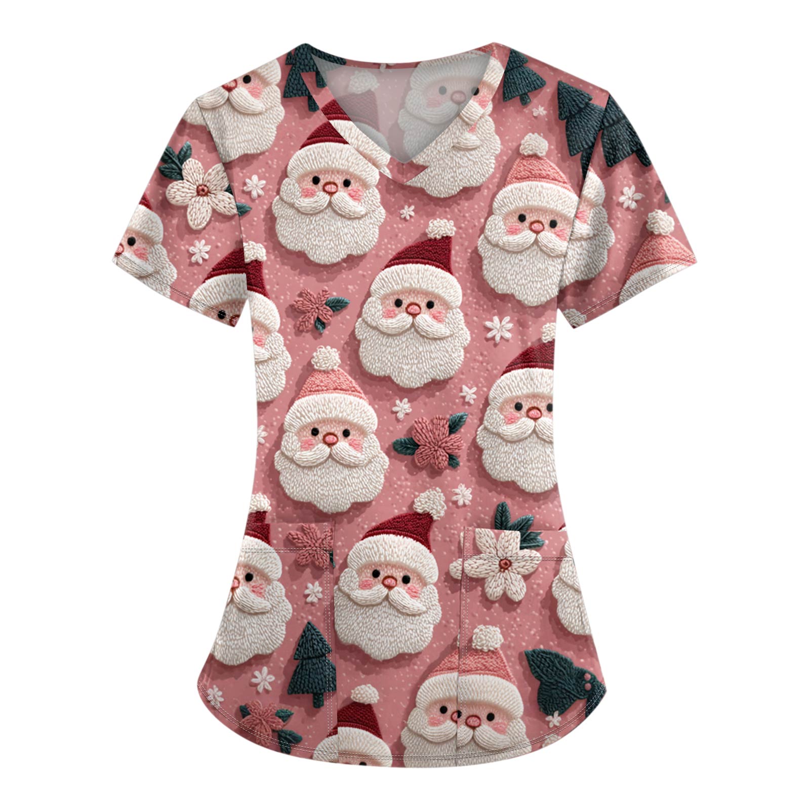 

Женские топы с короткими рукавами и v-образным вырезом с рождественским принтом, рабочая блузка с карманами S розовый