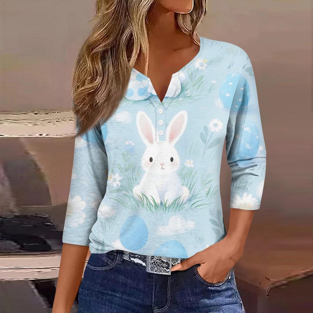 Women's Fashion Casual Easter Printed V-neck Short Sleeve Decorative Button Seven Sleeve T-shirt Top