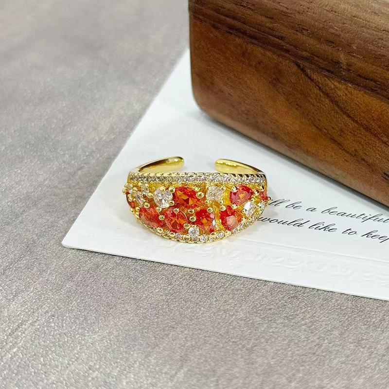 Medieval Vintage Orange Red Zircon Inlaid Simple Open Ring Female Retro Flower Temperament Niche Index Finger Ring