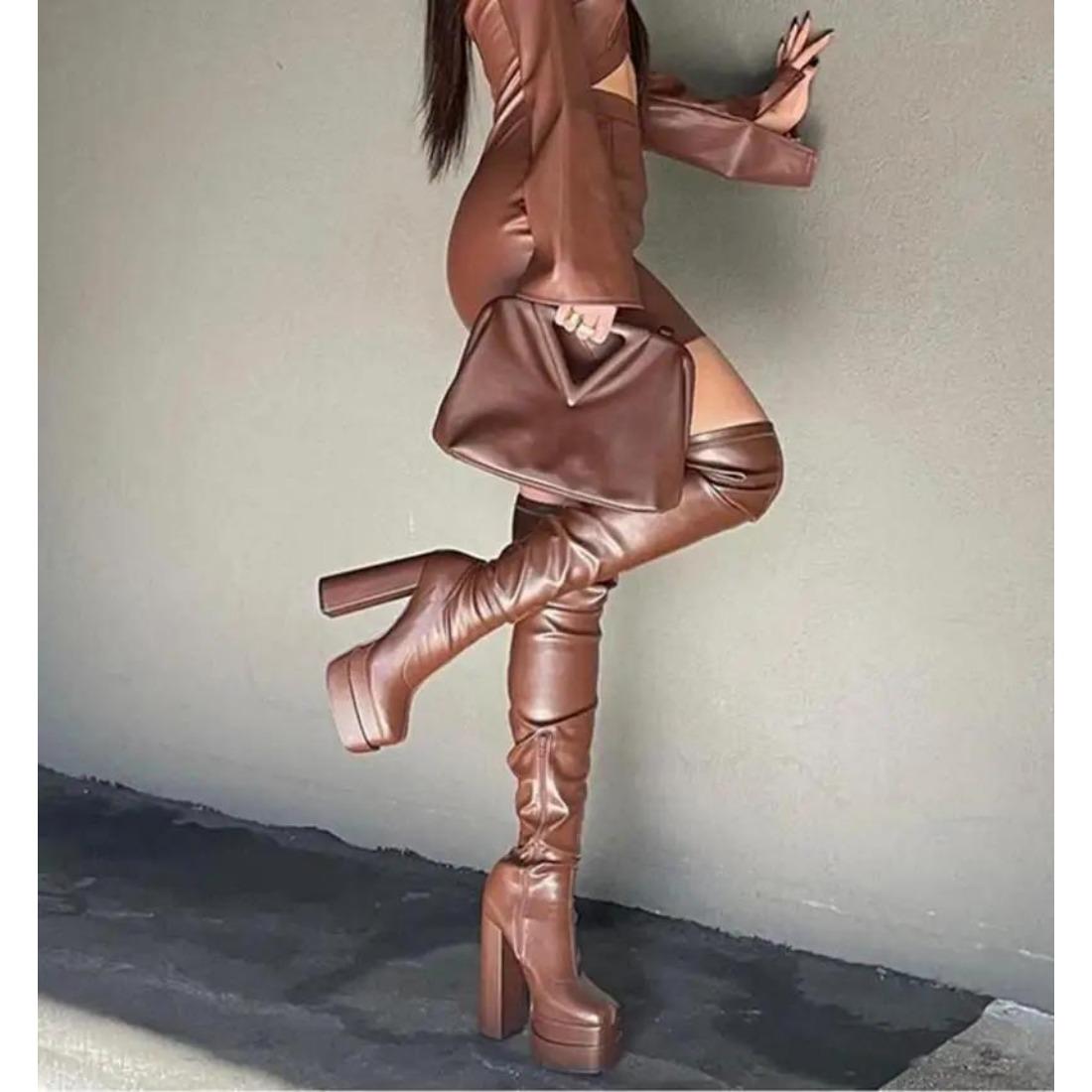 

Bonjomarisa Женские высокие сапоги на двойной платформе с высоким каблуком, сапоги выше колена, сексуальные длинные туфли на молнии, сапоги для женщин 38