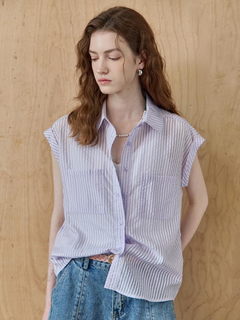 MAXZA Seersucker Striped Cap Sleeve Shirt Blouse