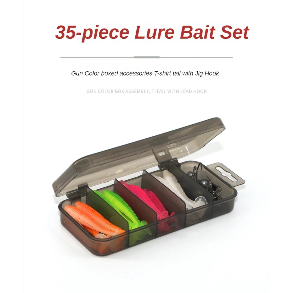 75/35pcs/Set Lure Boxed Soft Bait Perch Warbler Fish Worms Lure Threaded Curly Tail Maggot Bionic Bait Fake Baits Jig Head Hooks 260319