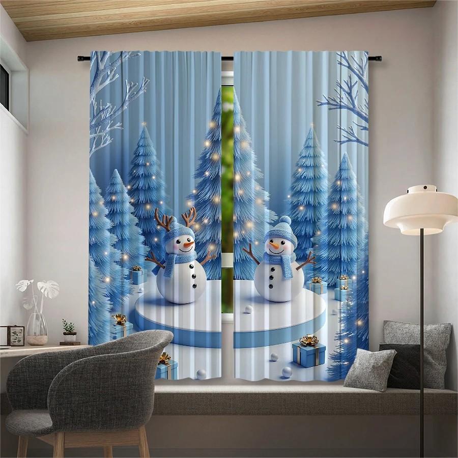 Set Of 2 Jit Snowy Tree Snowman Printed Curtain Voile Christmas Window Decor Home Curtains Sheer Made Polyester