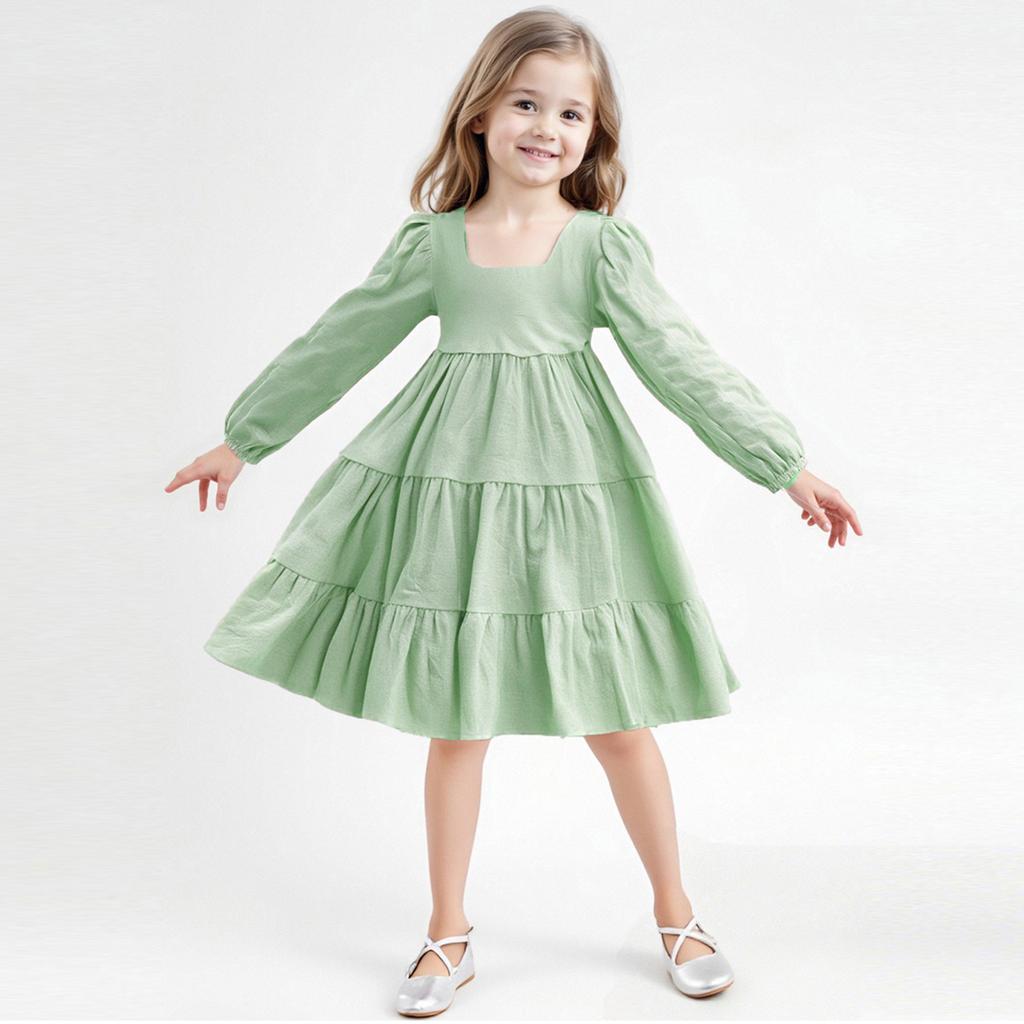 Girls' Fashion Cute Solid-Color Doll-Style Forest-Inspired Long-Sleeve Sweet Dress