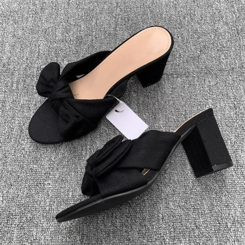 Summer New Flip-Flop Fashion Round Head Bow Denim Block Heel Open Toe Super Soft Non-Slip Women's Cool Drag