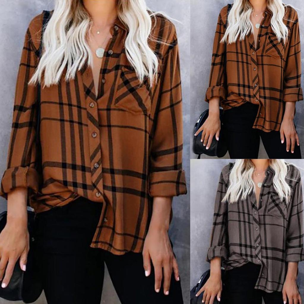 Women's Casual Loose Lapel Long Sleeve Plaid Printed Shirt Blouse Shirts Tops
