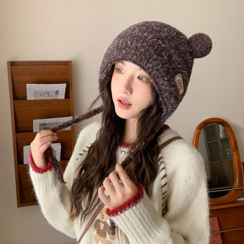 Cute Bear Ears Knitted Plush Hat for Women Autumn and Winter Warm Ear Protection Bag Head Hat Large Head Circumference Casual Windproof