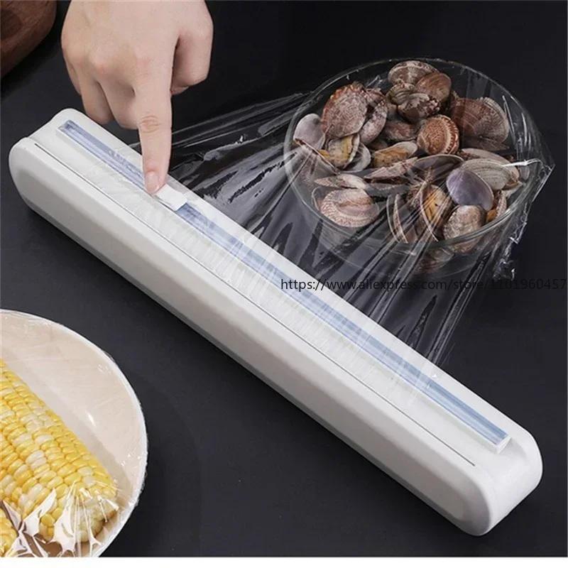 Plastic Wrap Dispenser with Suction Cup Household Film Cutter and Storage Box Creative Kitchen Tool