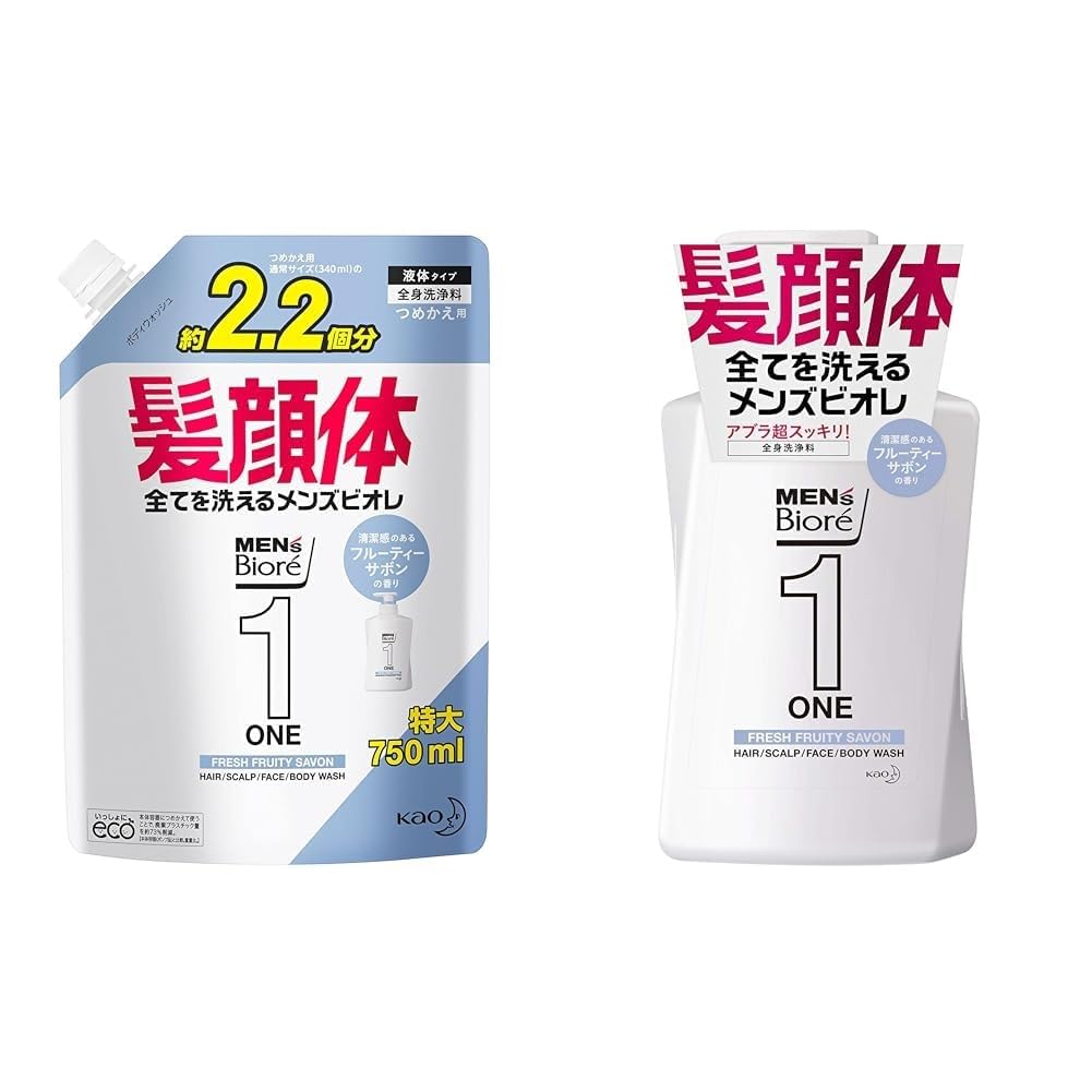 Mens Biore Set ONE All-in-One Body Wash Fruity Soap Scent Main 480ml Refill 750ml
