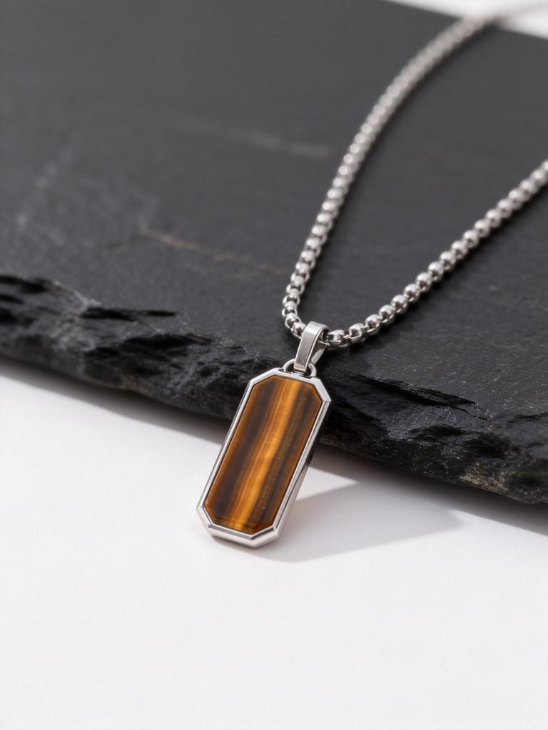 Small Dogtag Tiger Eye Stone Necklace for Men,Stainless Steel Silver Color Natural Stone Pendant,Punk Biker Jewelry Gift