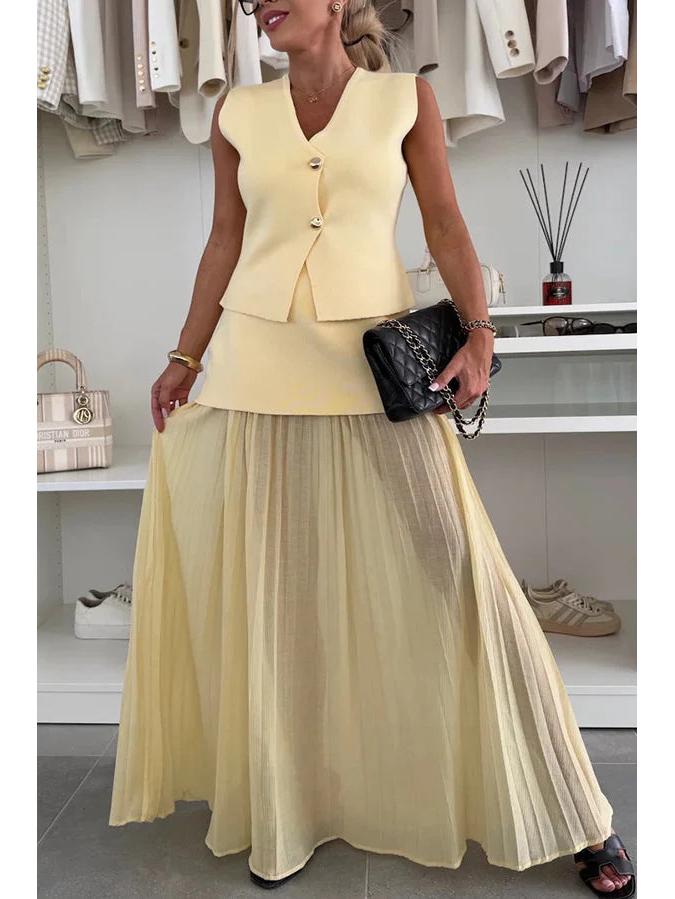 2025 Damen Sommer Schlankmachende Strickweste & Raffung Tüll Patchwork Langes Kleid Set