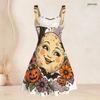Women Plus Size Sleeveless Strappy Square Neck Halloween Western Pumpkin Printed White Flare Dress