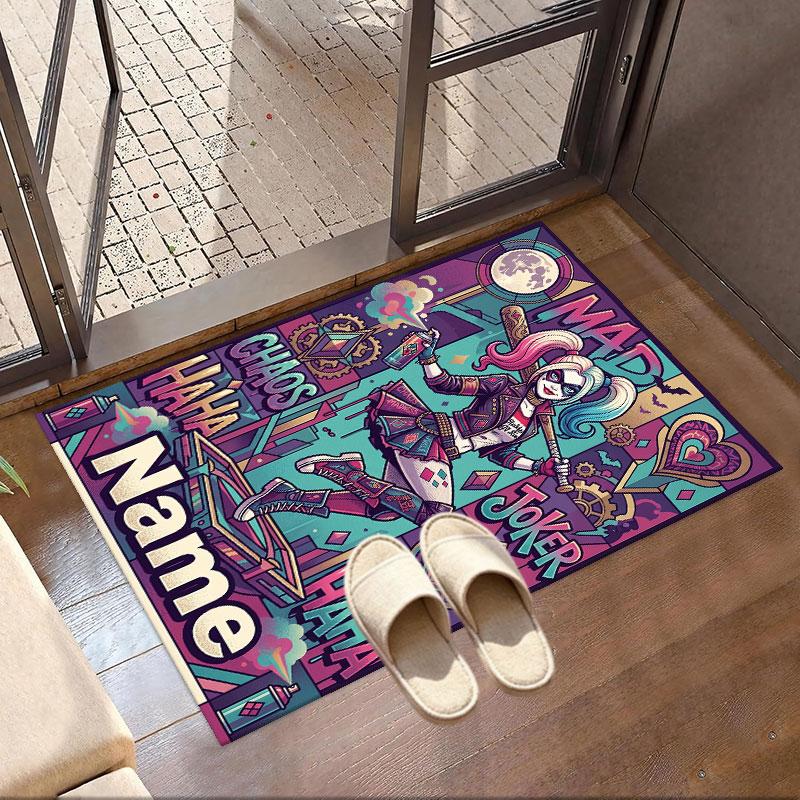 Custom Name Personalized Harley Quinn Print Carpet, Versatile Home Decor Rug, for Playroom, Apartment, Balcony, Entryway, Hallway Gift