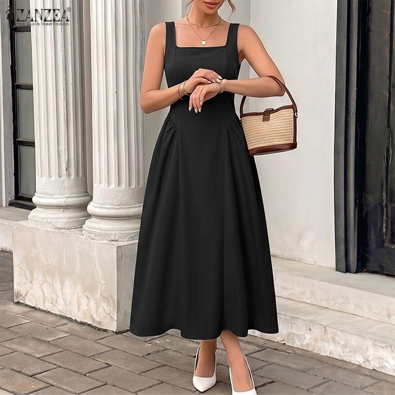ZANZEA Women Elegant Square Collar Casual Sleeveless Midi Dress