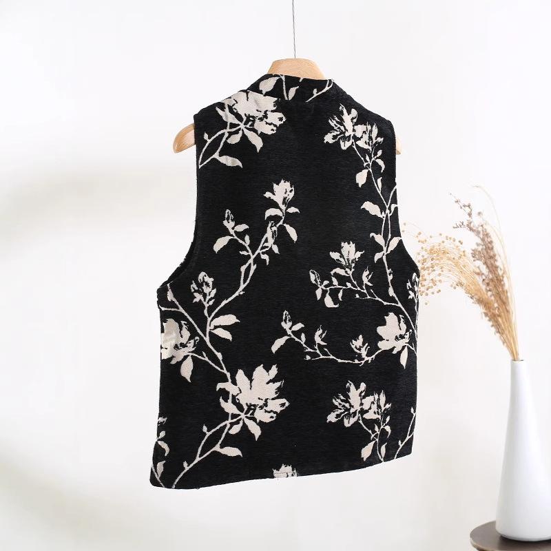 Ruyi Lianyun, New Jacquard Stand-up Collar, Placket Pearl Buckle Vest for Women's Retro Outer Wear Vest