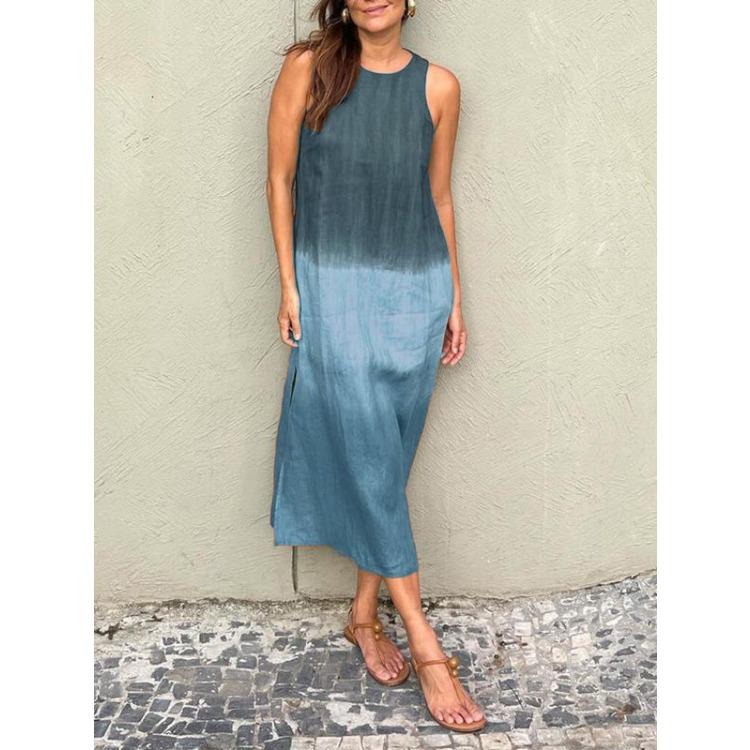 Women's Summer Loose-Fit Casual Cotton-Linen Sleeveless A-Line Skirt with Side Slit An Elegant Gradient Dress