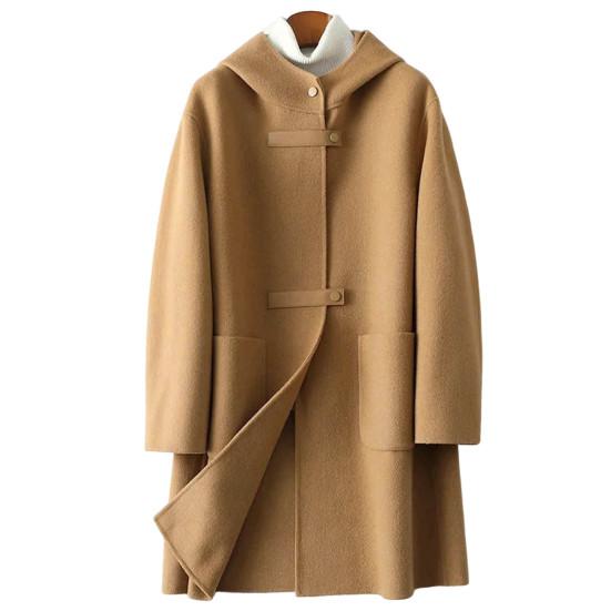 Winter Double Sided Woolen Coat Women Solid Color Hooded Overcoat Loose Large Pockets Outerwear Streetwear