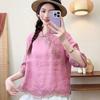 Women Chinese Style Vintage Embroidery Blouses Stand Collar Seven Quarter Sleeve Loose Shirts Summer Irregular Tops