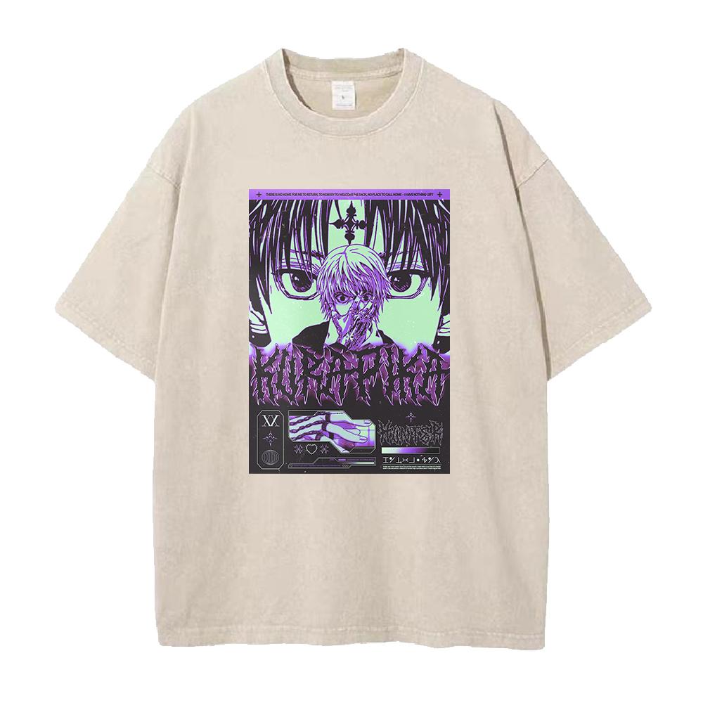 Hot Anime HUNTER×HUNTER Kurapika Print T-shirt Men Washed Manga Tshirts Oversized Cotton T Shirt Harajuku Male Vintage Tops