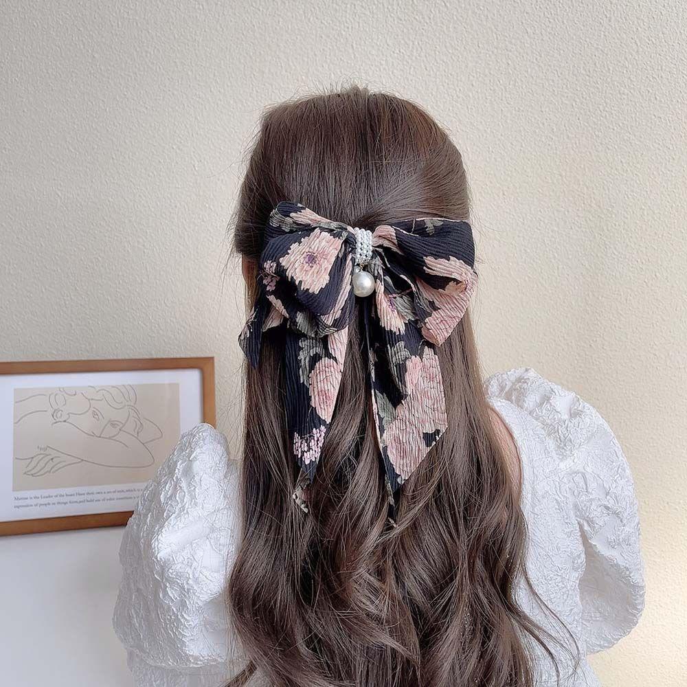 

Women Girls Ribbon Floral Pearl Hair Clip Hair Accessories Bow Spring Clip Chiffon