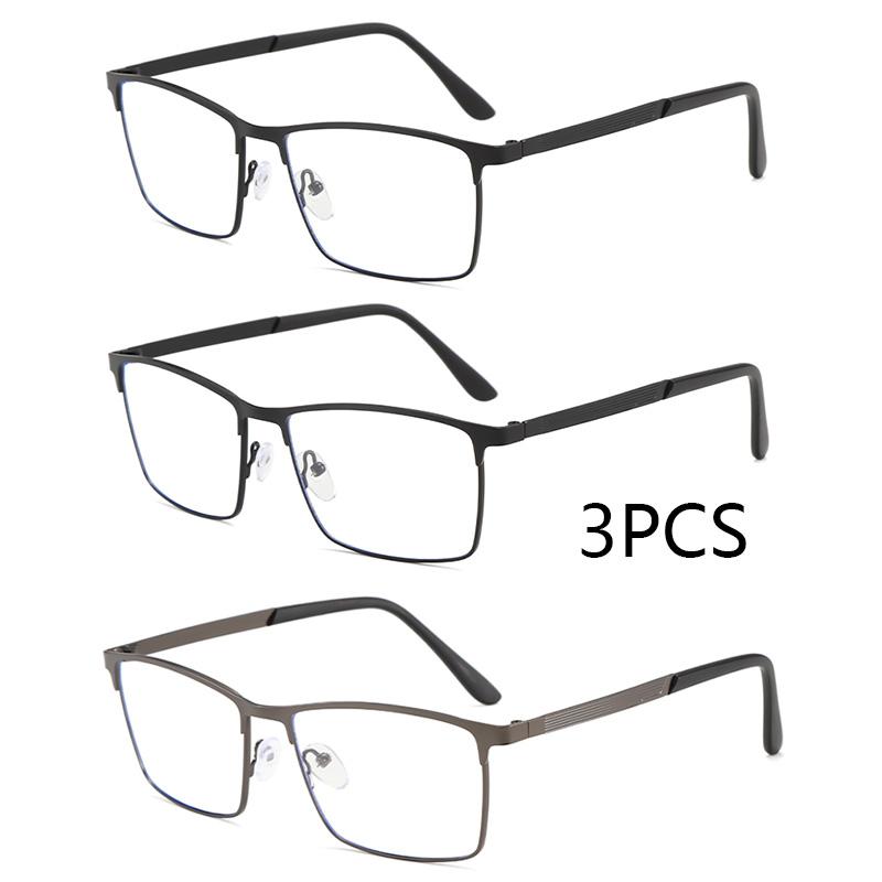 

3Pcs Men Square Metal Large Frame Spring Leg Elderly Near Sight Eyewear Blue Light Blocking Eye Protection Eyeglasses